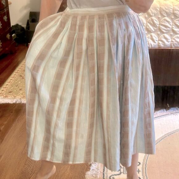 Vintage 80s Gregge Sport Light Blue & Tan Plaid Pleated Full Midi Skirt - Picture 2 of 9